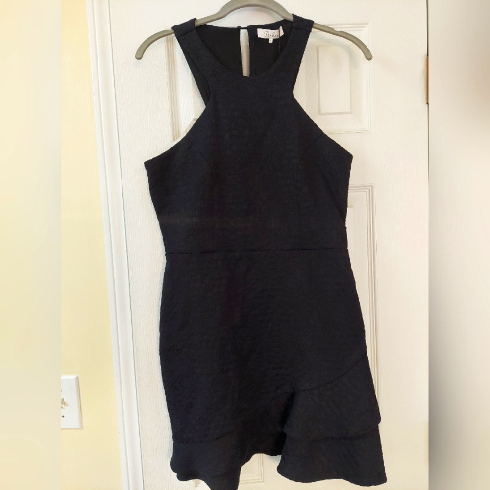 Parker Black Dress with back cutout and ruffle detail Women Medium NWT